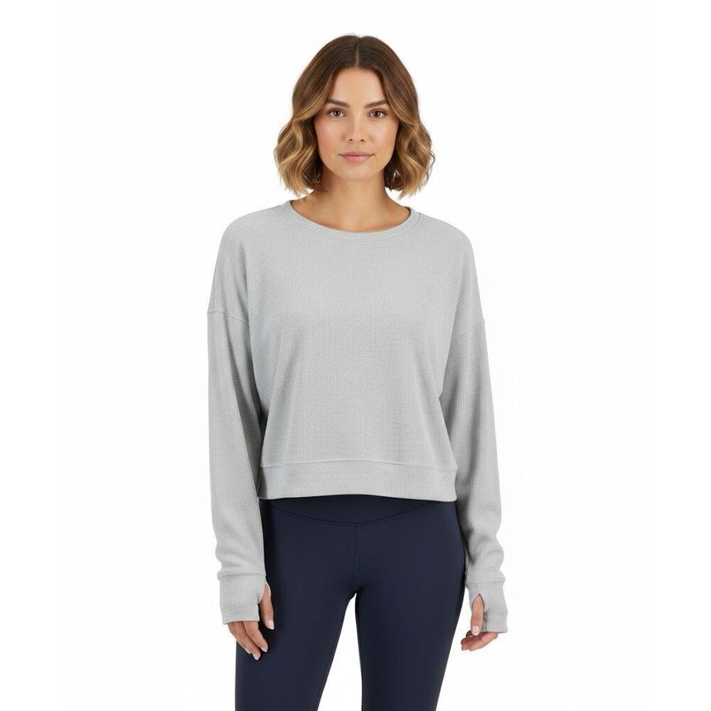 #709. Ideology NWT Heather Grey Waffle-Knit Drop-Shoulder Long Sleeve Shirt Top - Picture 3 of 4